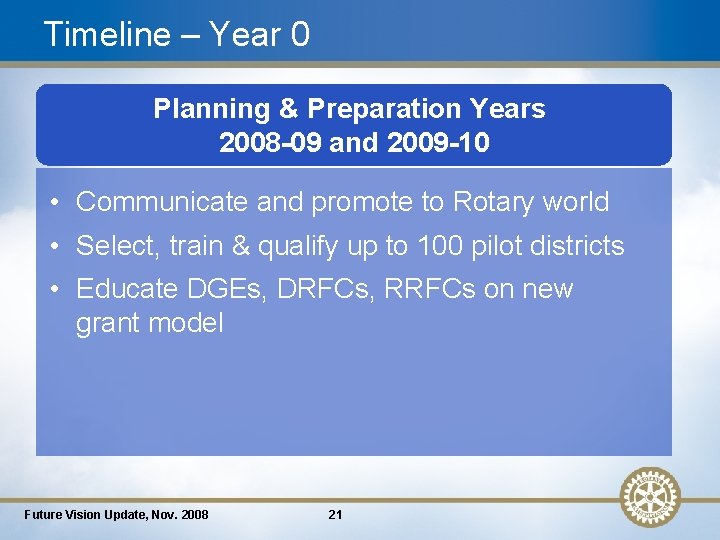 Timeline – Year 0 Planning & Preparation Years 2008 -09 and 2009 -10 •