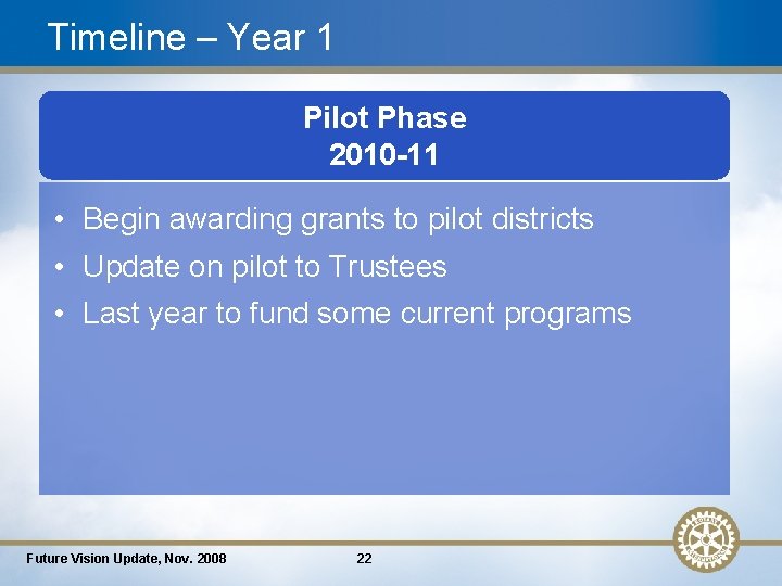 Timeline – Year 1 Pilot Phase 2010 -11 • Begin awarding grants to pilot