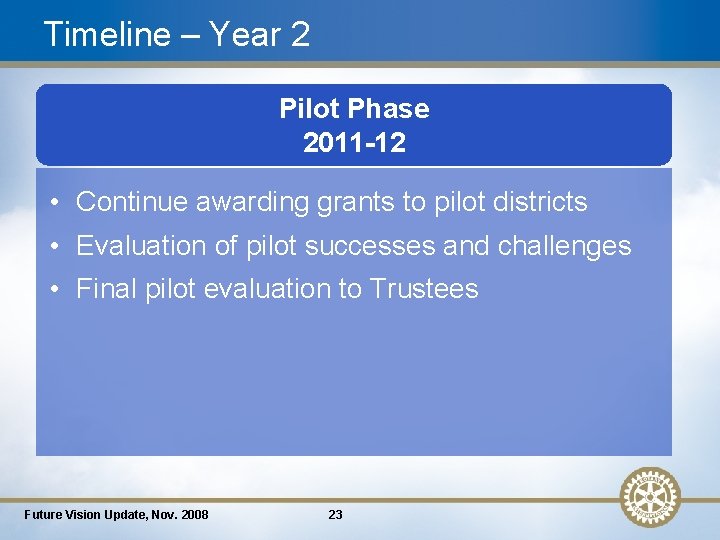 Timeline – Year 2 Pilot Phase 2008 -09 2009 -10 2011 -12 • Continue