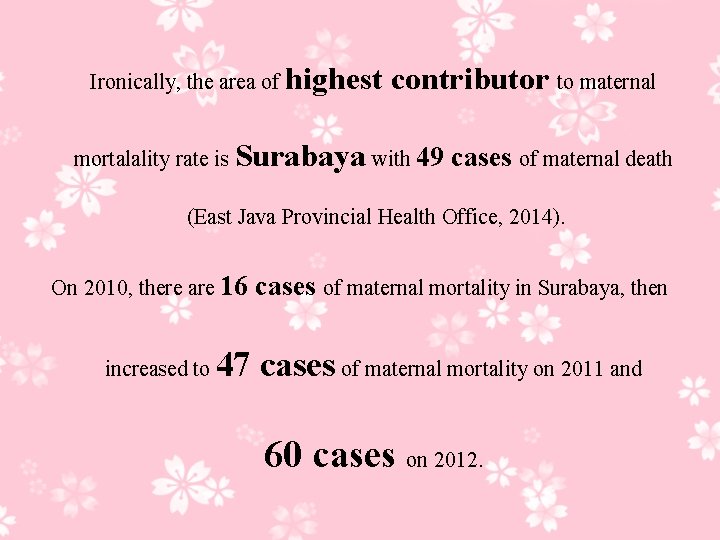 Ironically, the area of highest contributor to maternal mortalality rate is Surabaya with 49