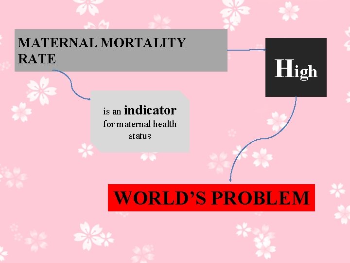 MATERNAL MORTALITY RATE High is an indicator for maternal health status WORLD’S PROBLEM 