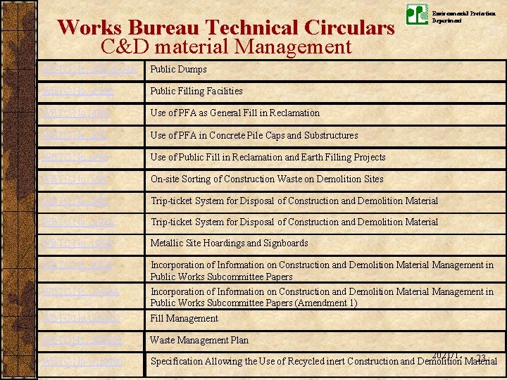 Works Bureau Technical Circulars C&D material Management Environmental Protection Department WBTC No. 2/93 &