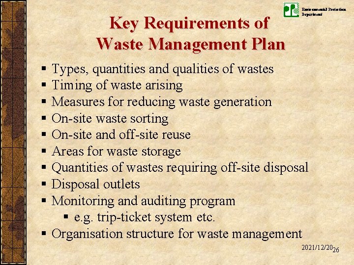 Key Requirements of Waste Management Plan Environmental Protection Department § § § § §