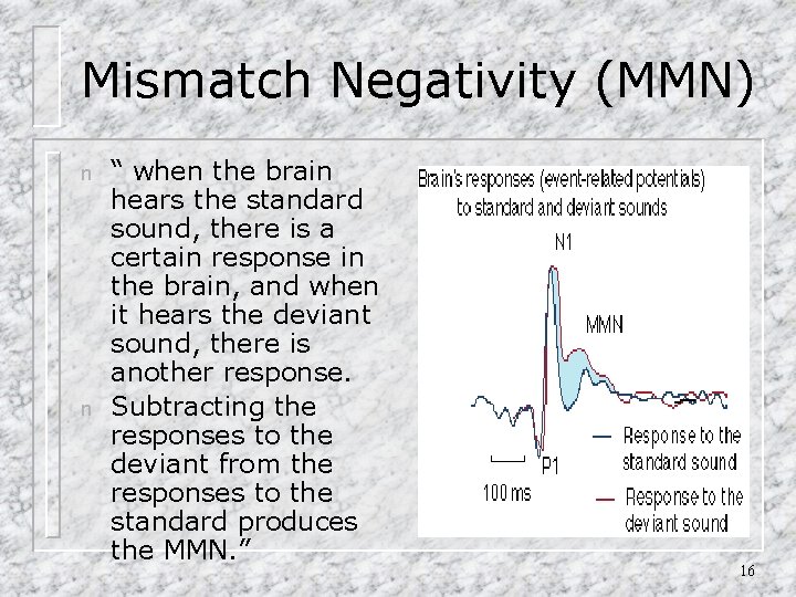 Mismatch Negativity (MMN) n n “ when the brain hears the standard sound, there