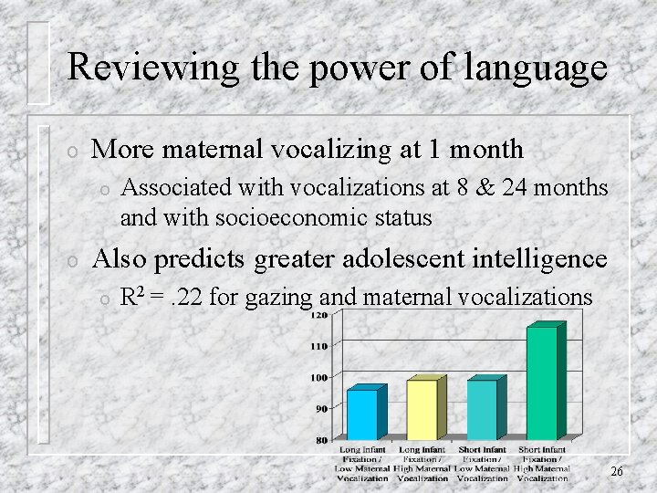 Reviewing the power of language o More maternal vocalizing at 1 month o o