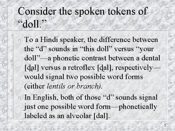 Consider the spoken tokens of “doll. ” n n To a Hindi speaker, the