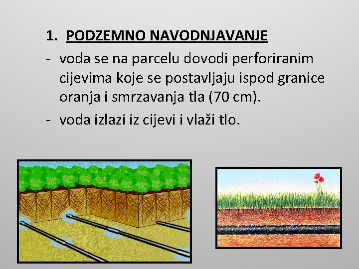 1. PODZEMNO NAVODNJAVANJE - voda se na parcelu dovodi perforiranim cijevima koje se postavljaju