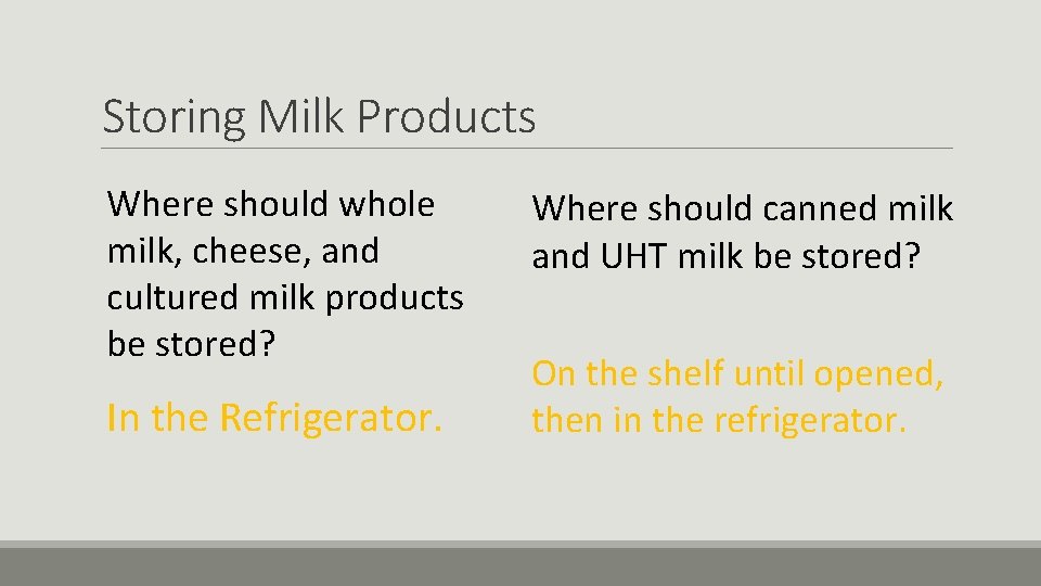 Storing Milk Products Where should whole milk, cheese, and cultured milk products be stored?