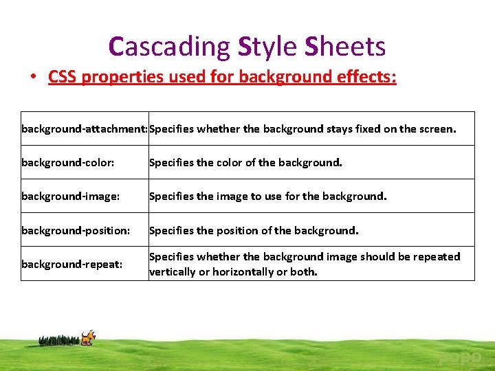 Cascading Style Sheets • CSS properties used for background effects: background-attachment: Specifies whether the