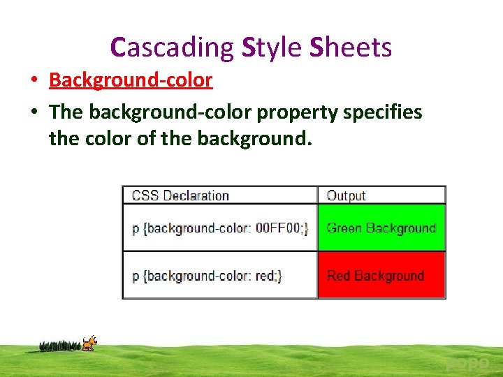 Cascading Style Sheets • Background-color • The background-color property specifies the color of the