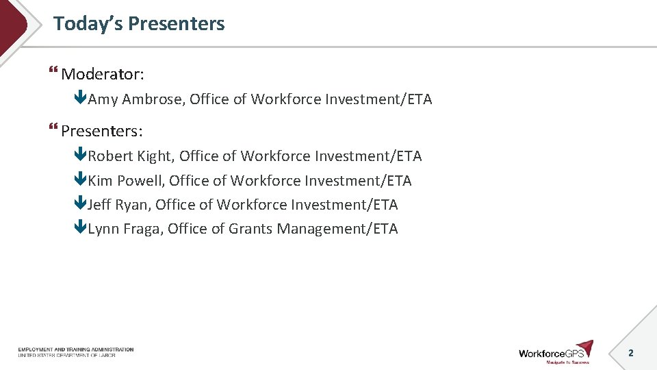 Today’s Presenters Moderator: Amy Ambrose, Office of Workforce Investment/ETA Presenters: Robert Kight, Office of