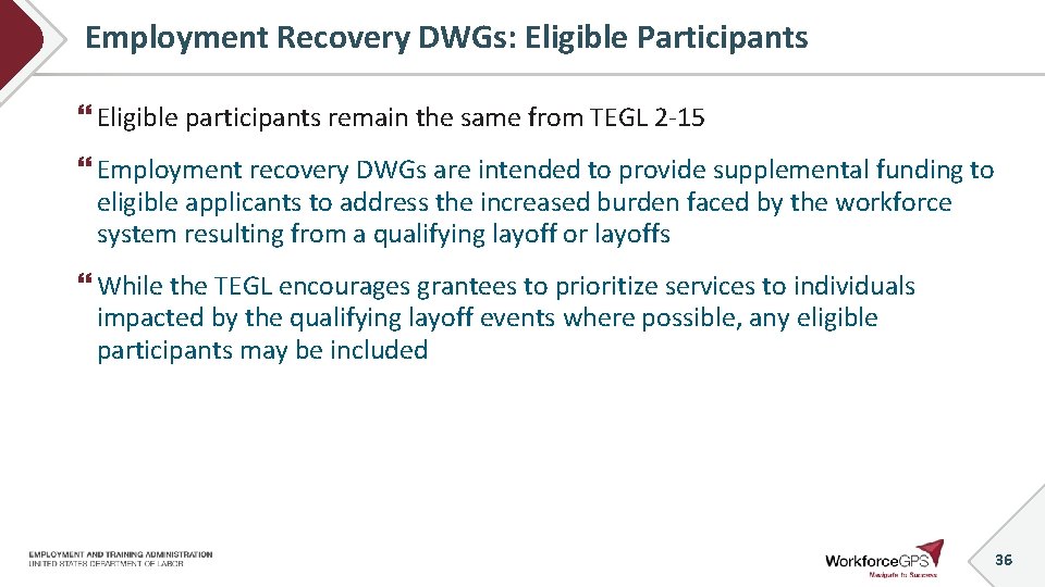 Employment Recovery DWGs: Eligible Participants Eligible participants remain the same from TEGL 2 -15