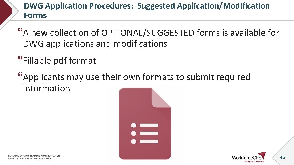 DWG Application Procedures: Suggested Application/Modification Forms A new collection of OPTIONAL/SUGGESTED forms is available