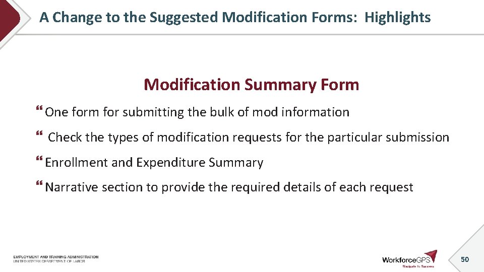 A Change to the Suggested Modification Forms: Highlights Modification Summary Form One form for