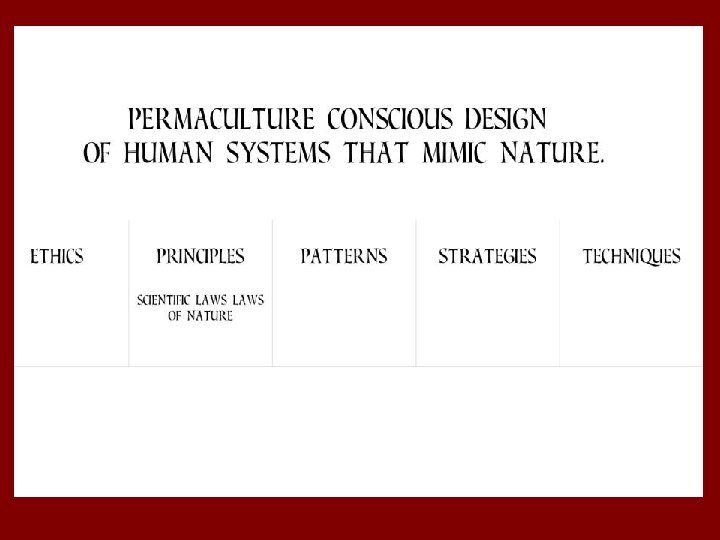 Permaculture conscious design of human systems that mimic nature. 