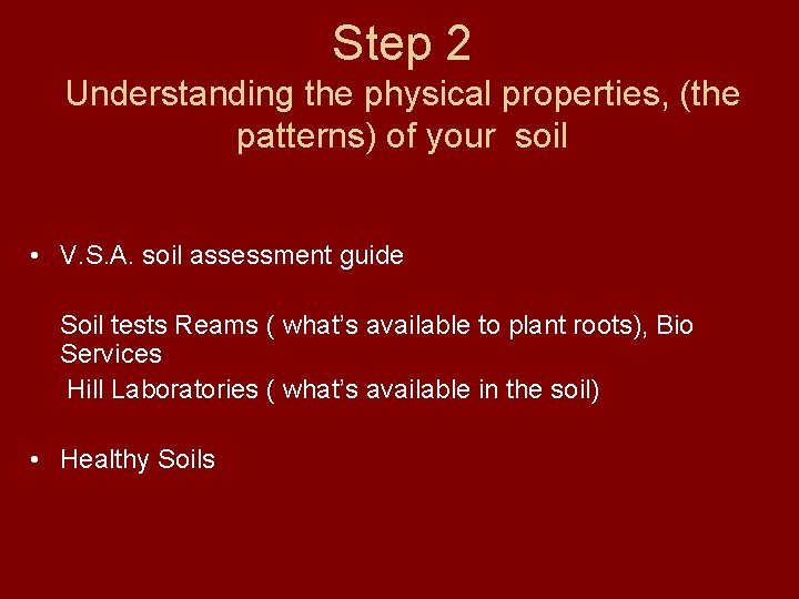 Step 2 Understanding the physical properties, (the patterns) of your soil • V. S.