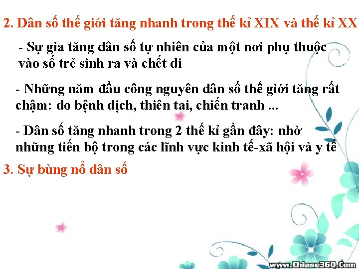 2. Dân số thế giới tăng nhanh trong thế kỉ XIX và thế kỉ