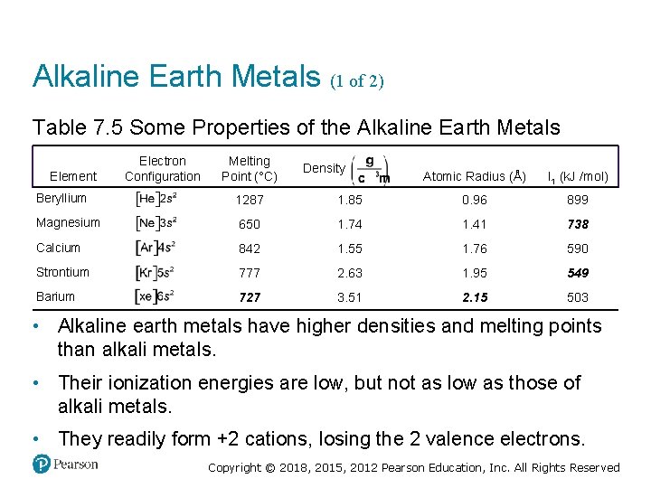 Alkaline Earth Metals (1 of 2) Table 7. 5 Some Properties of the Alkaline