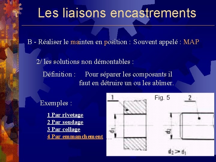 Les liaisons encastrements B - Réaliser le mainten en position : Souvent appelé :