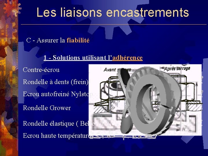 Les liaisons encastrements C - Assurer la fiabilité 1 - Solutions utilisant l’adhérence Contre-écrou