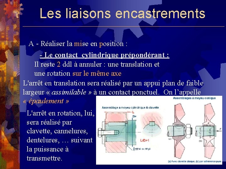 Les liaisons encastrements A - Réaliser la mise en position : - Le contact