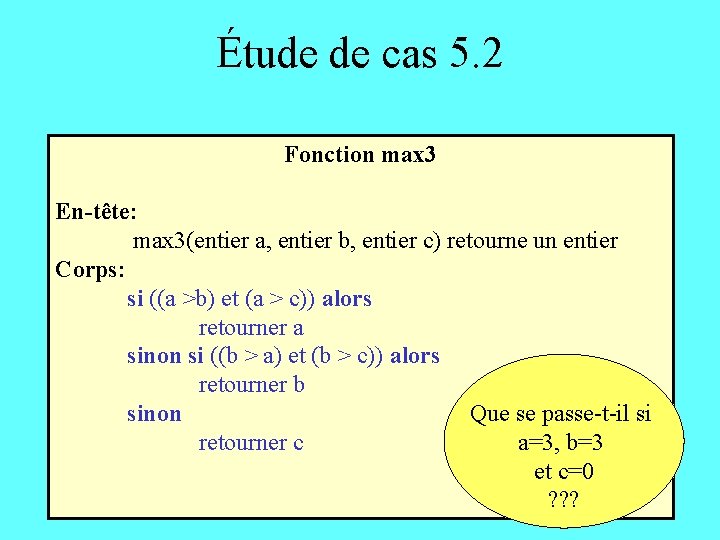 Étude de cas 5. 2 Fonction max 3 En-tête: max 3(entier a, entier b,
