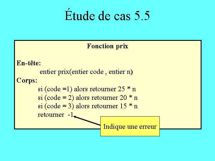 Étude de cas 5. 5 Fonction prix En-tête: entier prix(entier code , entier n)