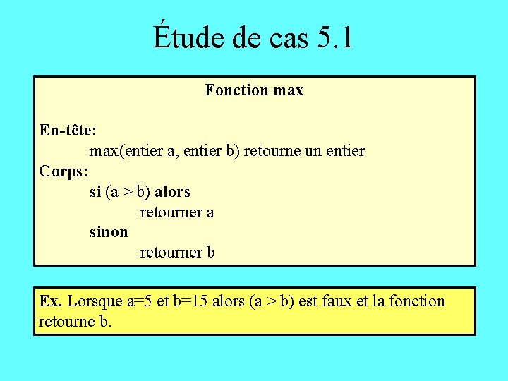 Étude de cas 5. 1 Fonction max En-tête: max(entier a, entier b) retourne un