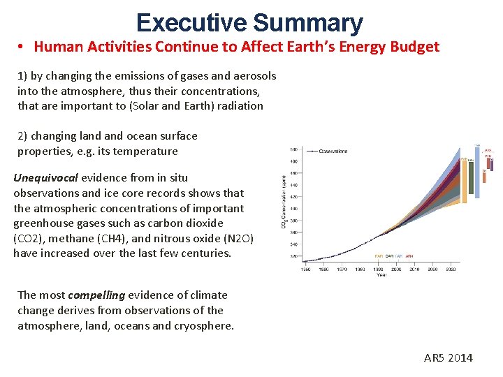 Executive Summary • Human Activities Continue to Affect Earth’s Energy Budget 1) by changing