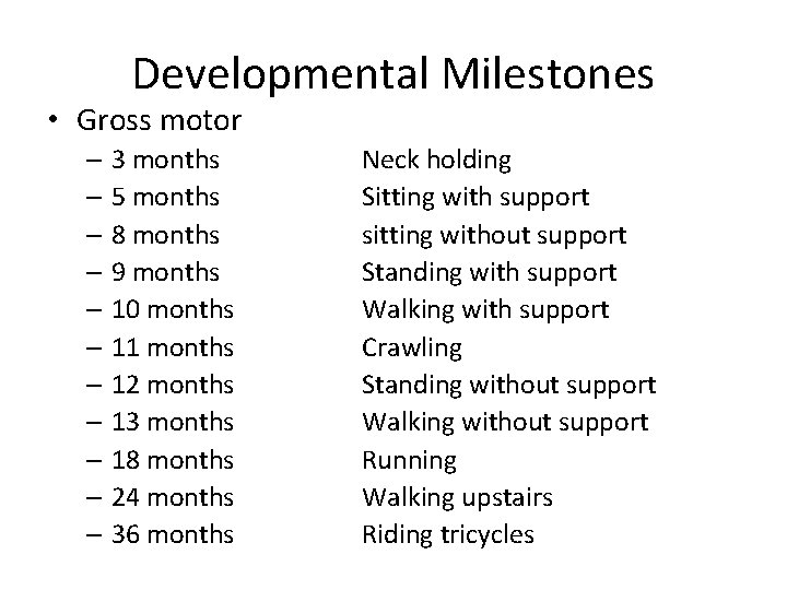 Developmental Milestones • Gross motor – 3 months – 5 months – 8 months