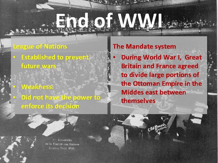 End of WWI League of Nations • Established to prevent future wars • Weakness: