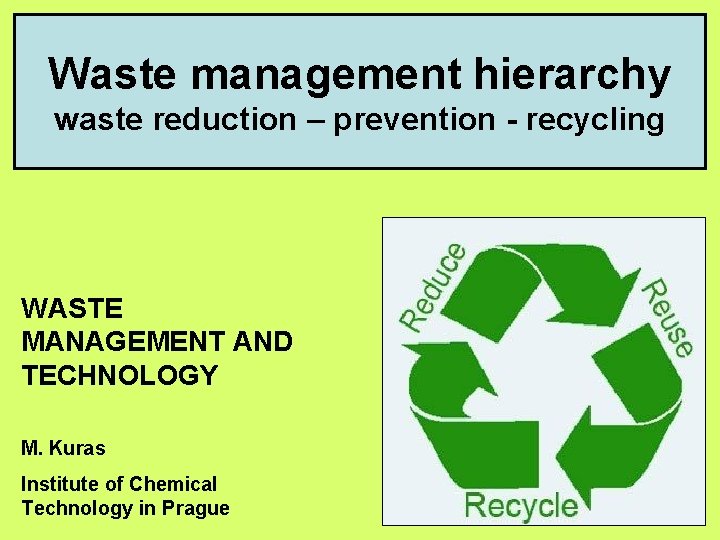 Waste management hierarchy waste reduction – prevention - recycling WASTE MANAGEMENT AND TECHNOLOGY M.