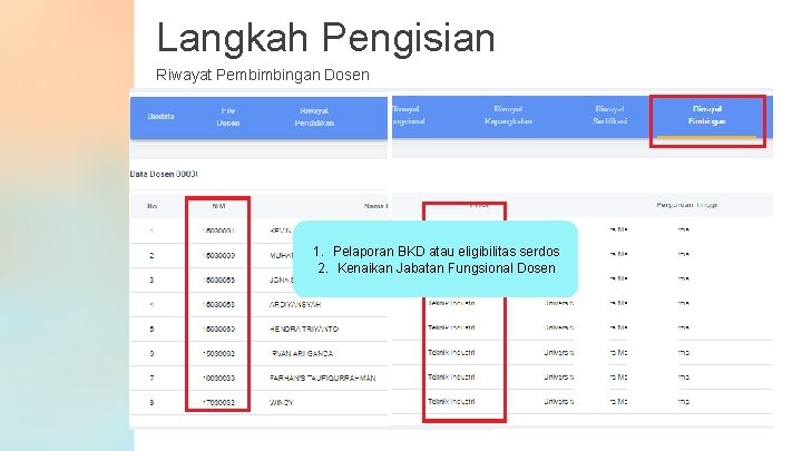 Langkah Pengisian Riwayat Pembimbingan Dosen 1. Pelaporan BKD atau eligibilitas serdos 2. Kenaikan Jabatan