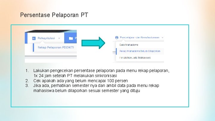 Persentase Pelaporan PT 1. 2. 3. Lakukan pengecekan persentase pelaporan pada menu rekap pelaporan,