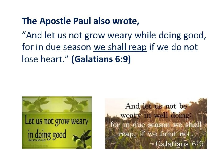 The Apostle Paul also wrote, “And let us not grow weary while doing good,