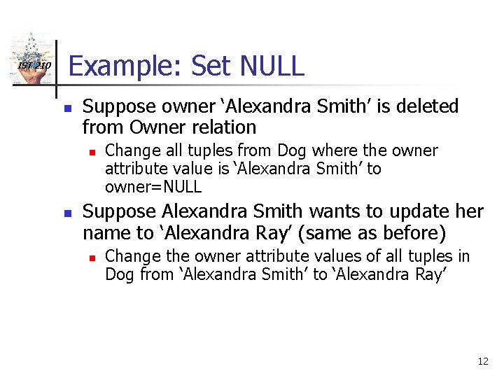 IST 210 Example: Set NULL n Suppose owner ‘Alexandra Smith’ is deleted from Owner