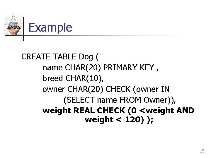 IST 210 Example CREATE TABLE Dog ( name CHAR(20) PRIMARY KEY , breed CHAR(10),