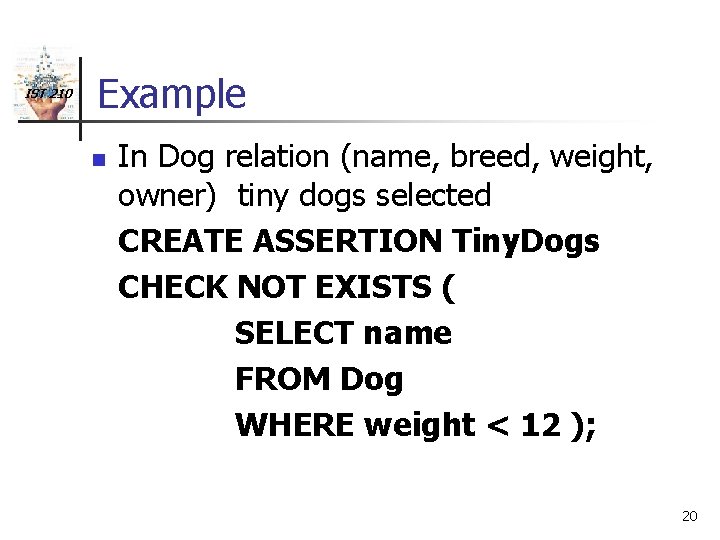 IST 210 Example n In Dog relation (name, breed, weight, owner) tiny dogs selected