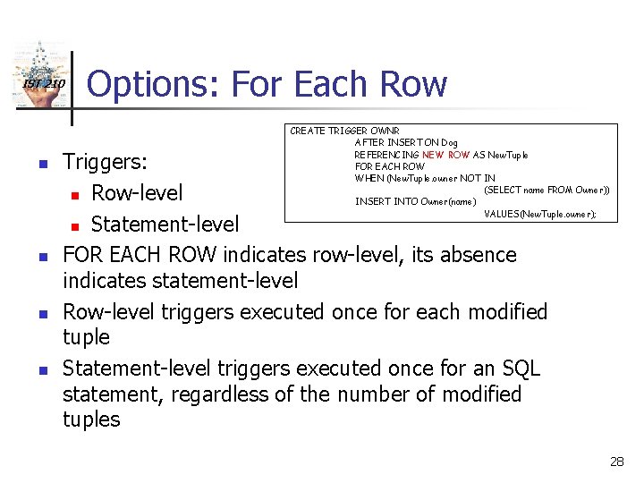 IST 210 n n Options: For Each Row CREATE TRIGGER OWNR AFTER INSERT ON