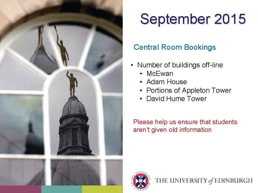 September 2015 Central Room Bookings • Number of buildings off-line • Mc. Ewan •