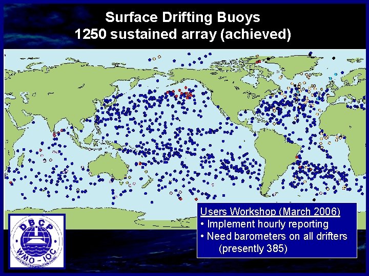 Surface Drifting Buoys 1250 sustained array (achieved) Users Workshop (March 2006) • Implement hourly