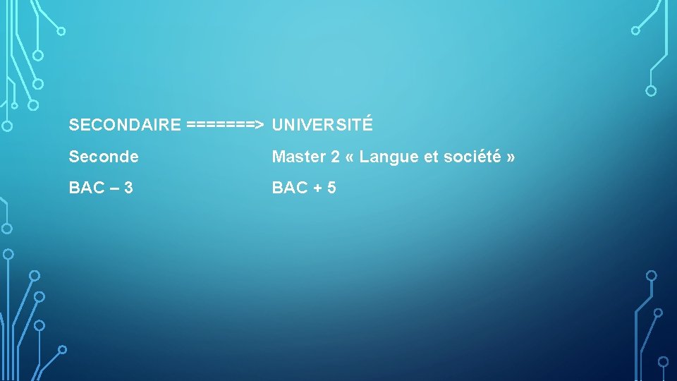 SECONDAIRE =======> UNIVERSITÉ Seconde Master 2 « Langue et société » BAC – 3