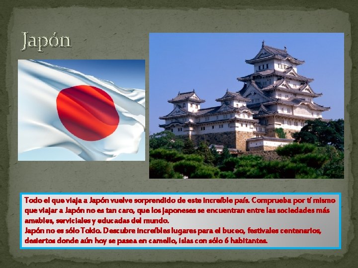 Japón Todo el que viaja a Japón vuelve sorprendido de este increíble país. Comprueba