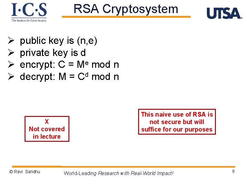 RSA Cryptosystem Ø Ø public key is (n, e) private key is d encrypt: