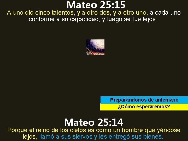 Mateo 25: 15 A uno dio cinco talentos, y a otro dos, y a