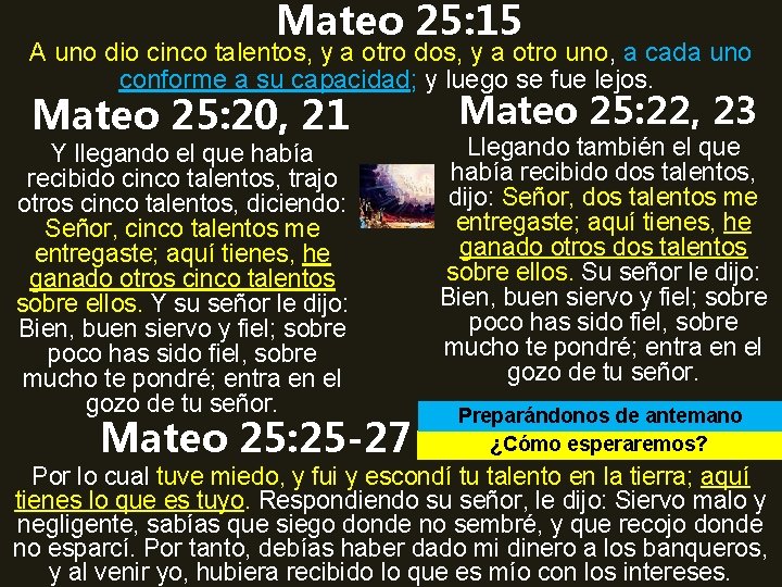 Mateo 25: 15 A uno dio cinco talentos, y a otro dos, y a