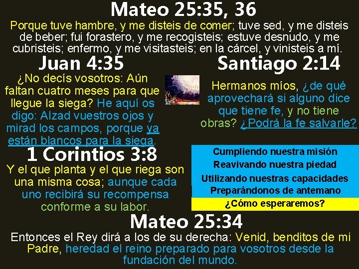 Mateo 25: 35, 36 Porque tuve hambre, y me disteis de comer; tuve sed,