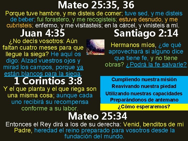 Mateo 25: 35, 36 Porque tuve hambre, y me disteis de comer; tuve sed,