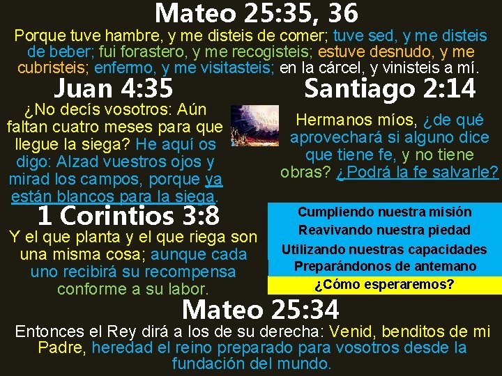 Mateo 25: 35, 36 Porque tuve hambre, y me disteis de comer; tuve sed,