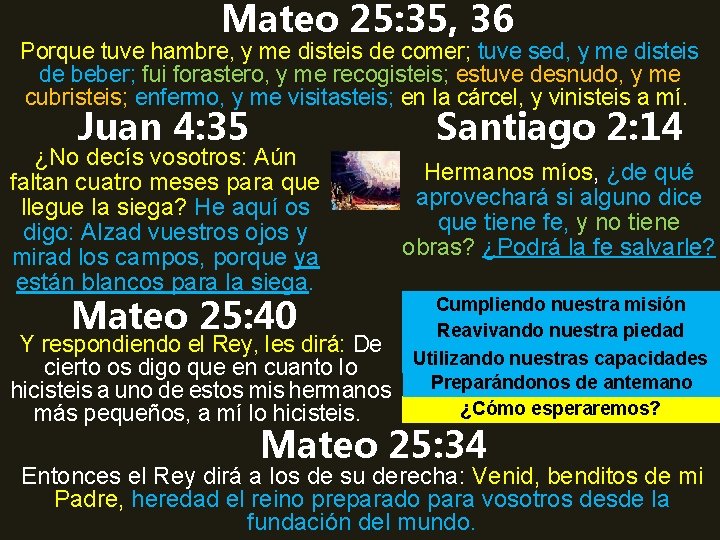 Mateo 25: 35, 36 Porque tuve hambre, y me disteis de comer; tuve sed,